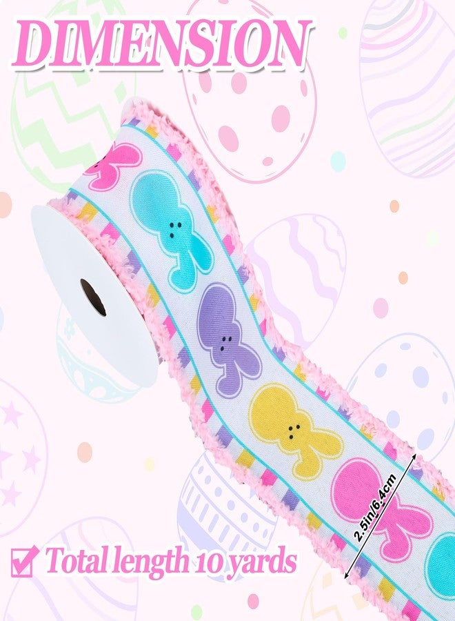 Whaline Easter Bunny Wired Edge Ribbon Spring Wired Ribbon Easter Rabbit Colorful Fabric Craft Ribbon with Pink Fluffy Edged for Gift Wrapping Wreath Bow DIY Crafts Party Decor, 10 Yards, 2.5 Inch - Image 2